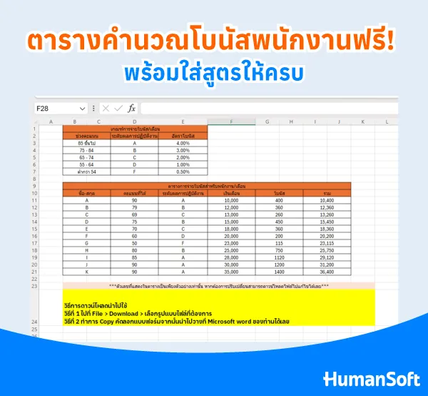 ตารางคำนวณโบนัสพนักงานฟรี! พร้อมใส่สูตรให้ครบ