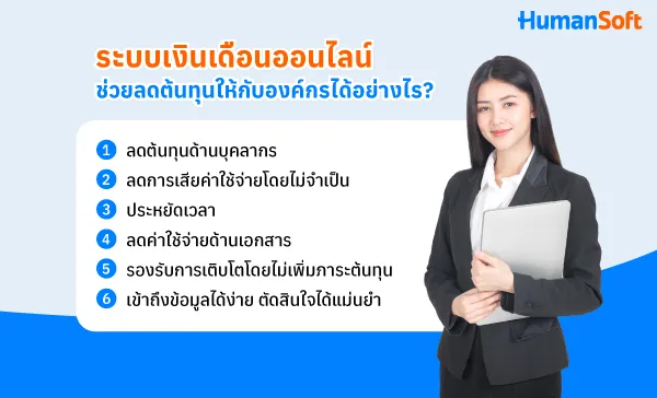 ระบบเงินเดือนออนไลน์ ช่วยลดต้นทุนให้กับองค์กรได้อย่างไร? 1. ลดต้นทุนด้านบุคลากร 2. ลดการเสียค่าใช้จ่ายโดยไม่จำเป็น 3. ประหยัดเวลา 4. ลดค่าใช้จ่ายด้านเอกสาร 5. รองรับการเติบโตโดยไม่เพิ่มภาระต้นทุน 6. เข้าถึงข้อมูลได้ง่าย ตัดสินใจได้แม่นยำ
