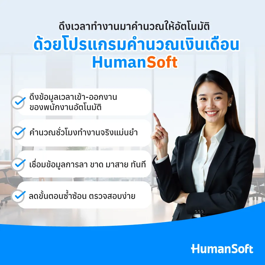 ดึงเวลาทำงานมาคำนวณให้อัตโนมัติ ด้วยโปรแกรมคำนวณเงินเดือน HumanSoft ดียังไง? ดึงข้อมูลเวลาเข้า-ออกงานของพนักงานอัตโนมัติ/คำนวณชั่วโมงทำงานจริงแม่นยำ/เชื่อมข้อมูลการลา ขาด มาสาย ทันที/ลดขั้นตอนซ้ำซ้อน ตรวจสอบง่าย