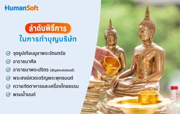 ลำดับพิธีการในการทำบุญบริษัท จุดธูปเทียน/อาราธนาศีล/เชิญพระสวดมนต์/พระสงฆ์เจริญพระพถทธมนต์/ถวายภัตตาหาร/พรมน้ำมนต์