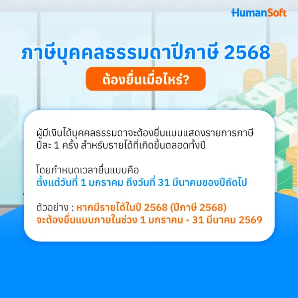 ภาษีบุคคลธรรมดาปีภาษี 2568 ต้องยื่นเมื่อไหร่? กำหนดเวลายื่นแบบคือ ตั้งแต่วันที่ 1 มกราคม ถึงวันที่ 31 มีนาคมของปีถัดไป