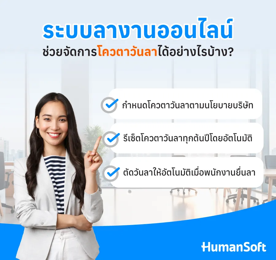ระบบลางานออนไลน์ ช่วยจัดการโควตาวันลาได้ยังไงบ้าง คำนวณโควตาตามนโยบายบริษัท/รีเซ็ตโควตาทุกต้นปี/ตัดวันลาให้อัตโนมัติ