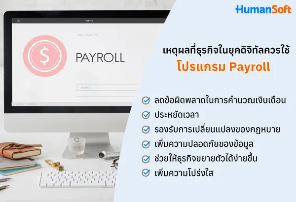 เหตุผลที่ธุรกิจยุคดิจิทัลควรใช้โปรแกรม Payroll ลดข้อผิดพลาดการคำนวณเงินเดือน/รองรับการเปลี่ยนแปลงของกฎหมาย/ความปลอดภัยของข้อมูล/ช่วยให้ธุรกิจขยายตัว/เพิ่มความโปร่งใส