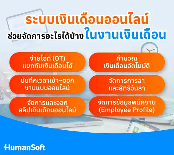 ระบบเงินเดือนออนไลน์ช่วยจัดการอะไรบ้างในงานเงินเดือน ระบบเงินเดือนออนไลน์ช่วยจัดการเงินเดือนให้มีประสิทธิภาพ ทั้งการคำนวณโอที การลงเวลา การจัดการข้อมูลพนักงาน